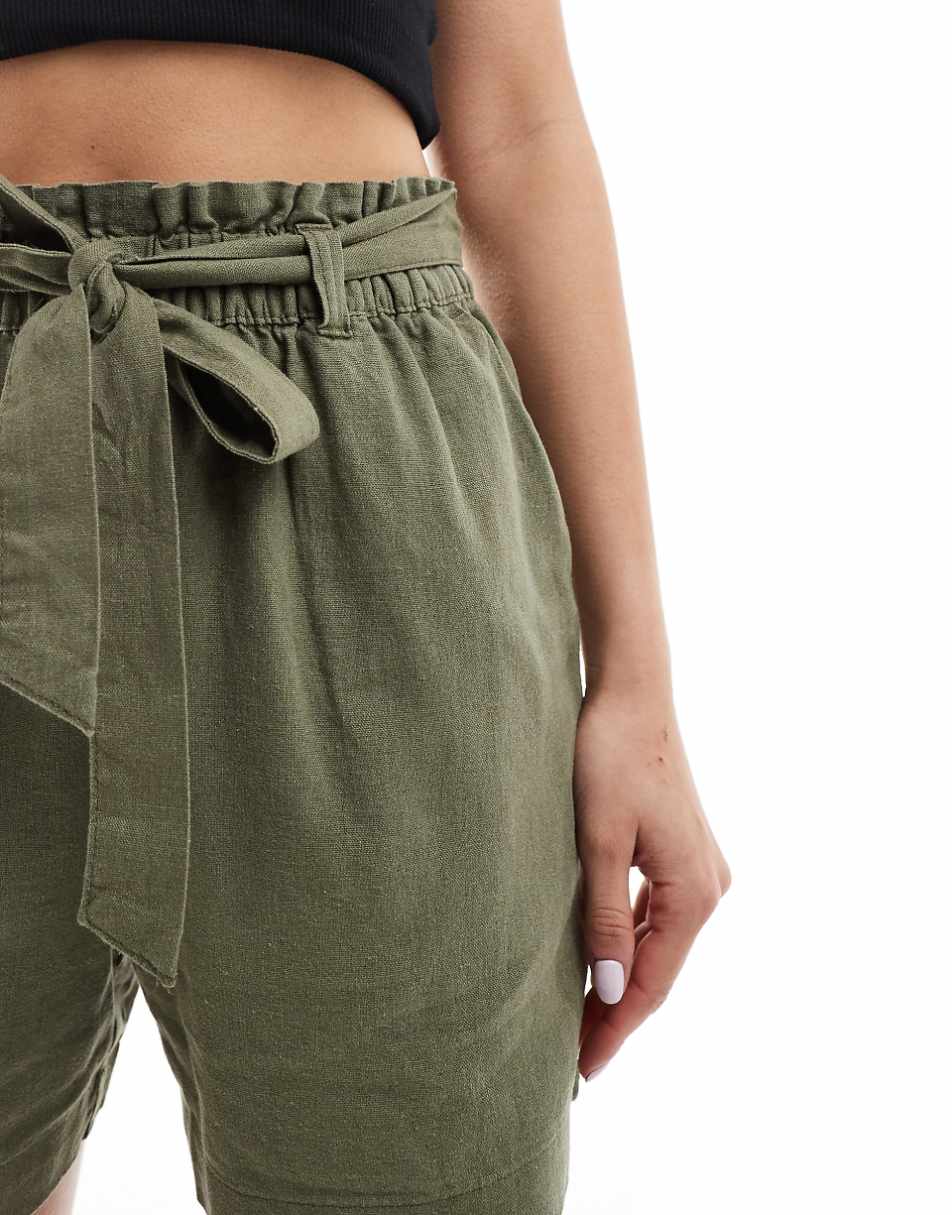 JDY paperbag tie waist linen mix shorts in khaki