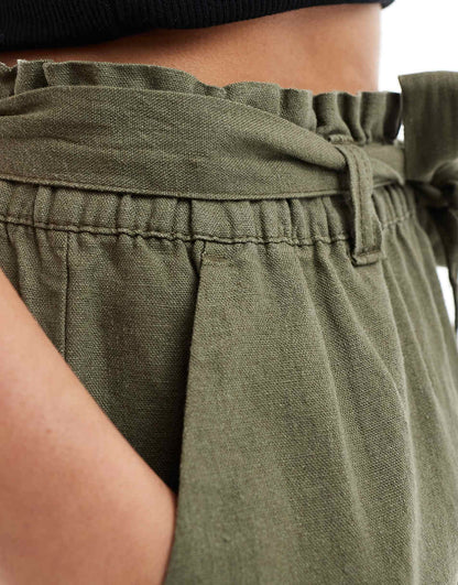 JDY paperbag tie waist linen mix shorts in khaki