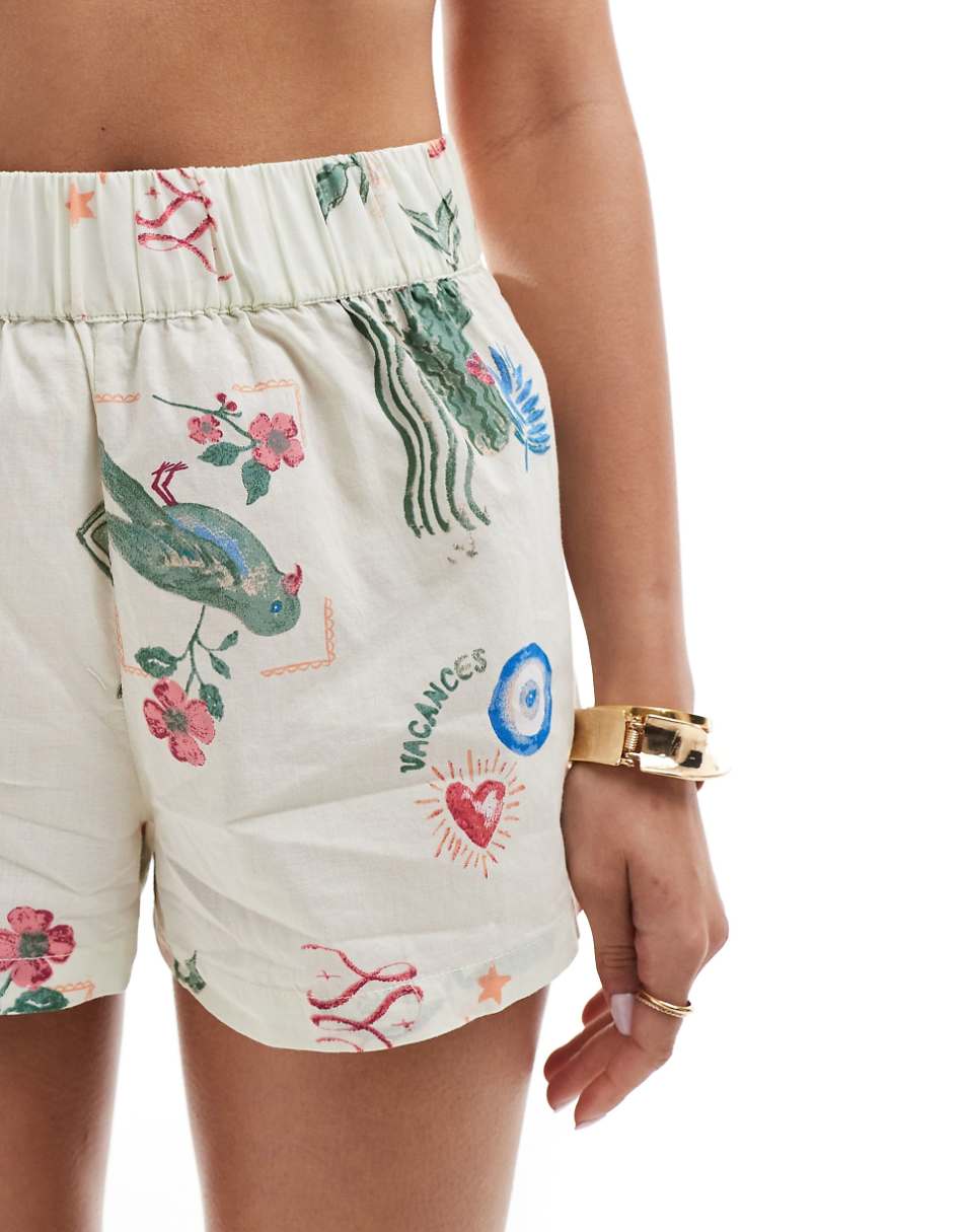 ASOS DESIGN linen look beach shorts in postcard print - part of a set