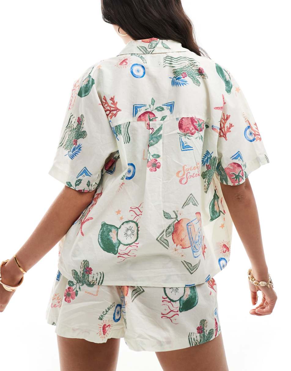 ASOS DESIGN linen look boxy beach shirt in postcard print - part of a set