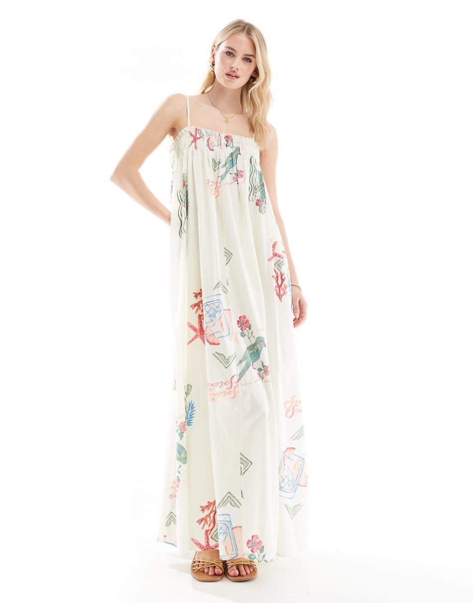 ASOS DESIGN Tall trapeze beach dress in postcard print