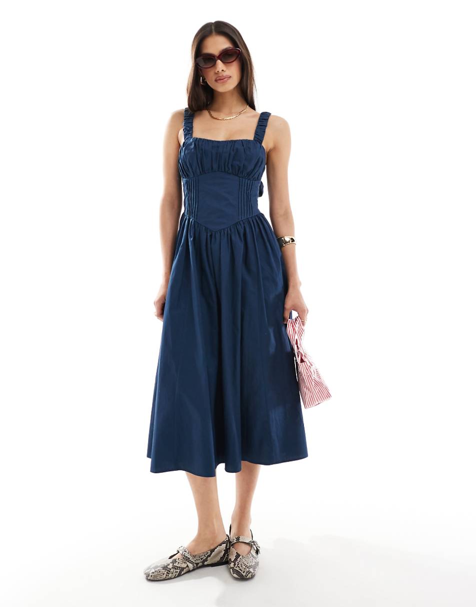 ASOS DESIGN lace up corset midi dress with full skirt in navy