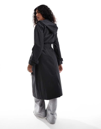 ASOS DESIGN rubberized rain hooded trench coat with belt detail in black