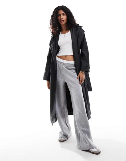 ASOS DESIGN rubberized rain hooded trench coat with belt detail in black
