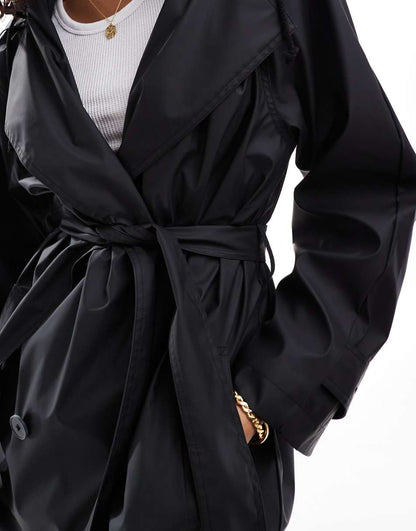 ASOS DESIGN rubberized rain hooded trench coat with belt detail in black