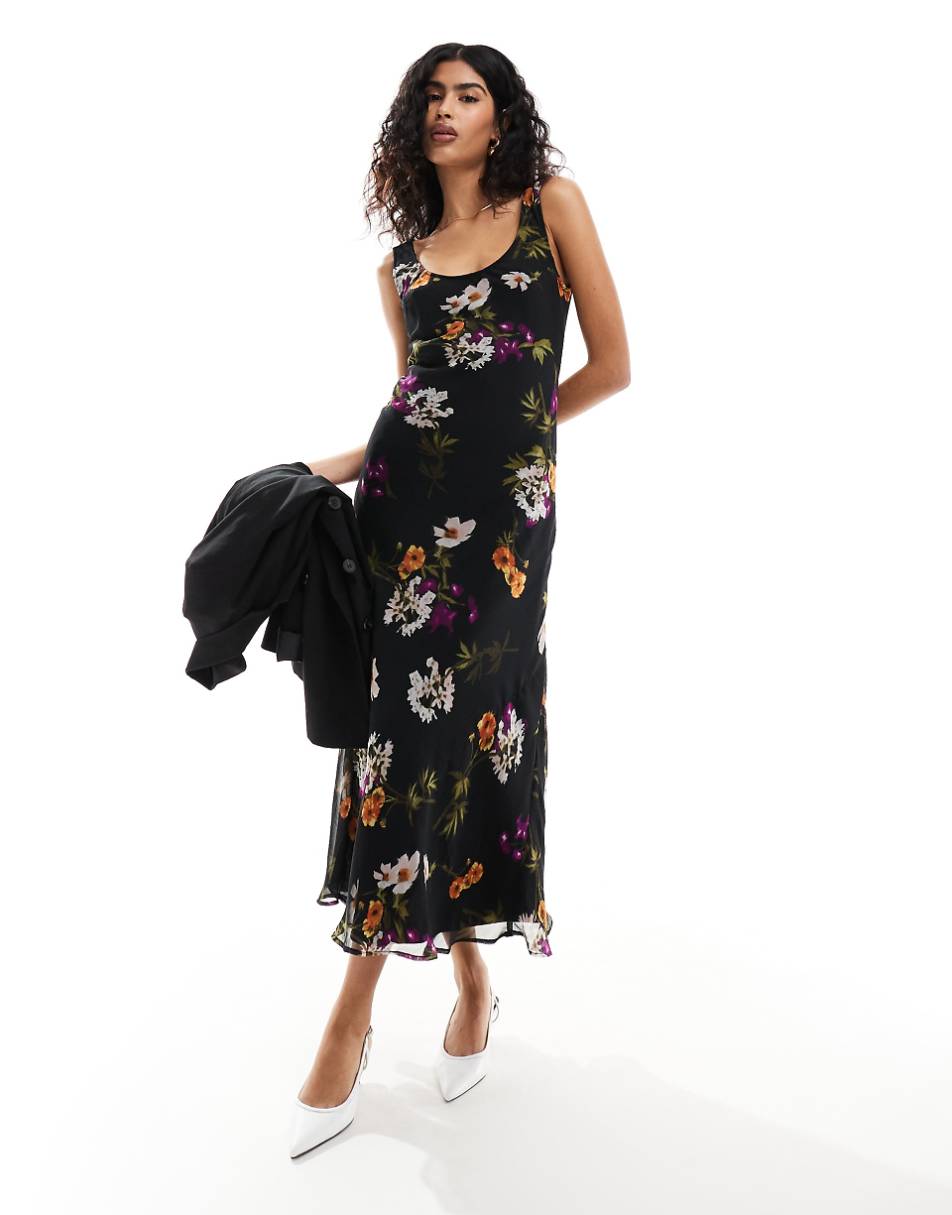 ASOS DESIGN chiffon scoop neck midi slip dress in black floral print