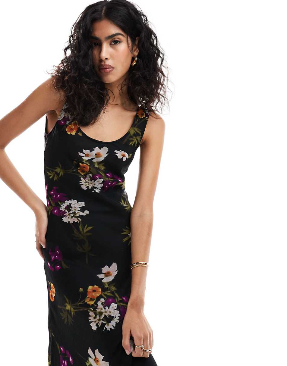 ASOS DESIGN chiffon scoop neck midi slip dress in black floral print