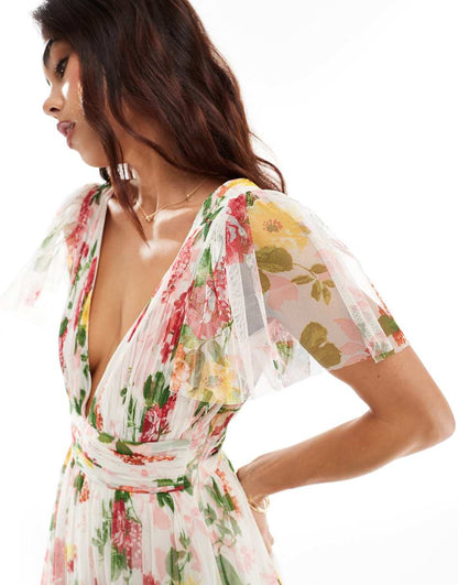 Lace & Beads Bridesmaid Madison v-neck tulle midi dress in bright floral