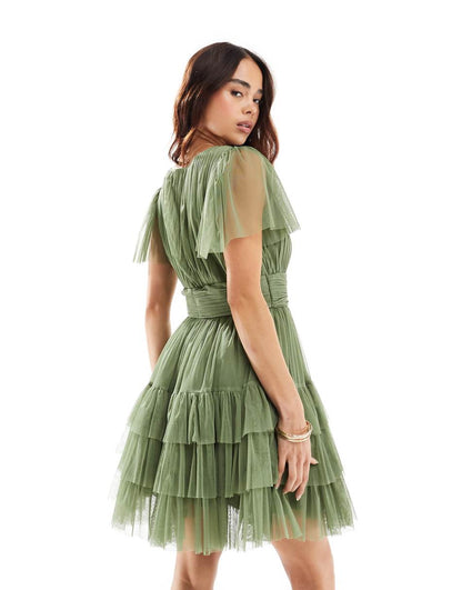 Lace & Beads Bridesmaid Madison v-neck tulle mini dress in soft olive