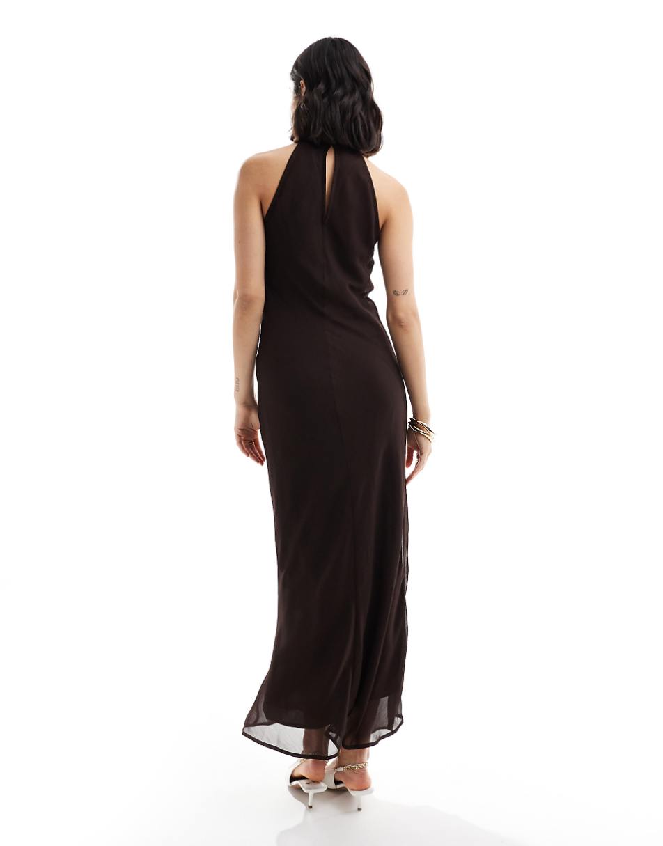 ASOS DESIGN halter neck cut-away chiffon midi dress in chocolate