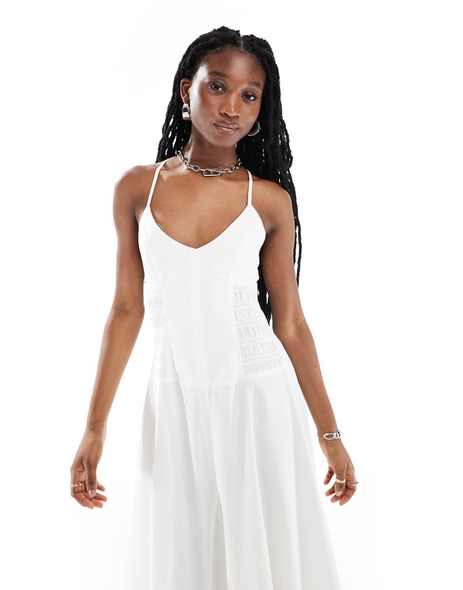 Reclaimed Vintage midi cami dress with ruched detail in off-white twill