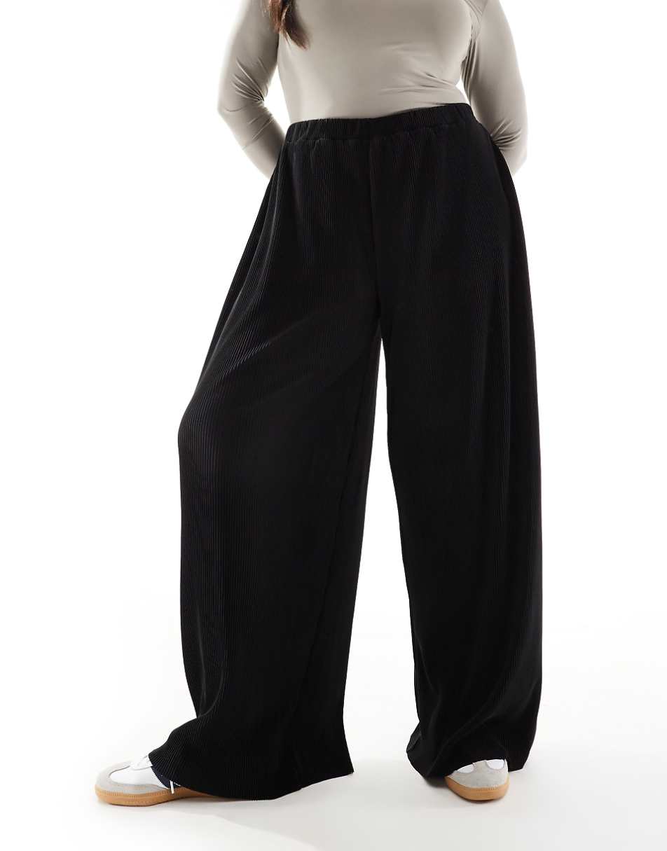 ASOS DESIGN Curve plisse wide leg pants in black