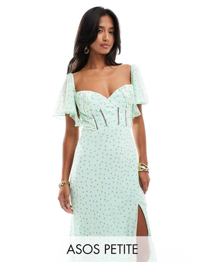 ASOS DESIGN Petite satin corset detail chiffon bias maxi dress with flutter sleeve in micro spot