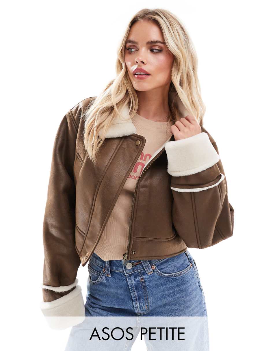 ASOS DESIGN Petite top collar shearling jacket in hazelnut