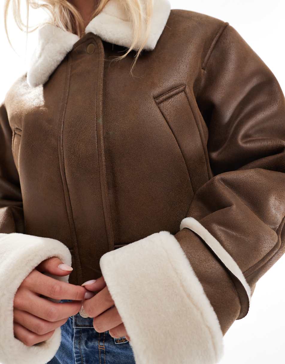 ASOS DESIGN Petite top collar shearling jacket in hazelnut