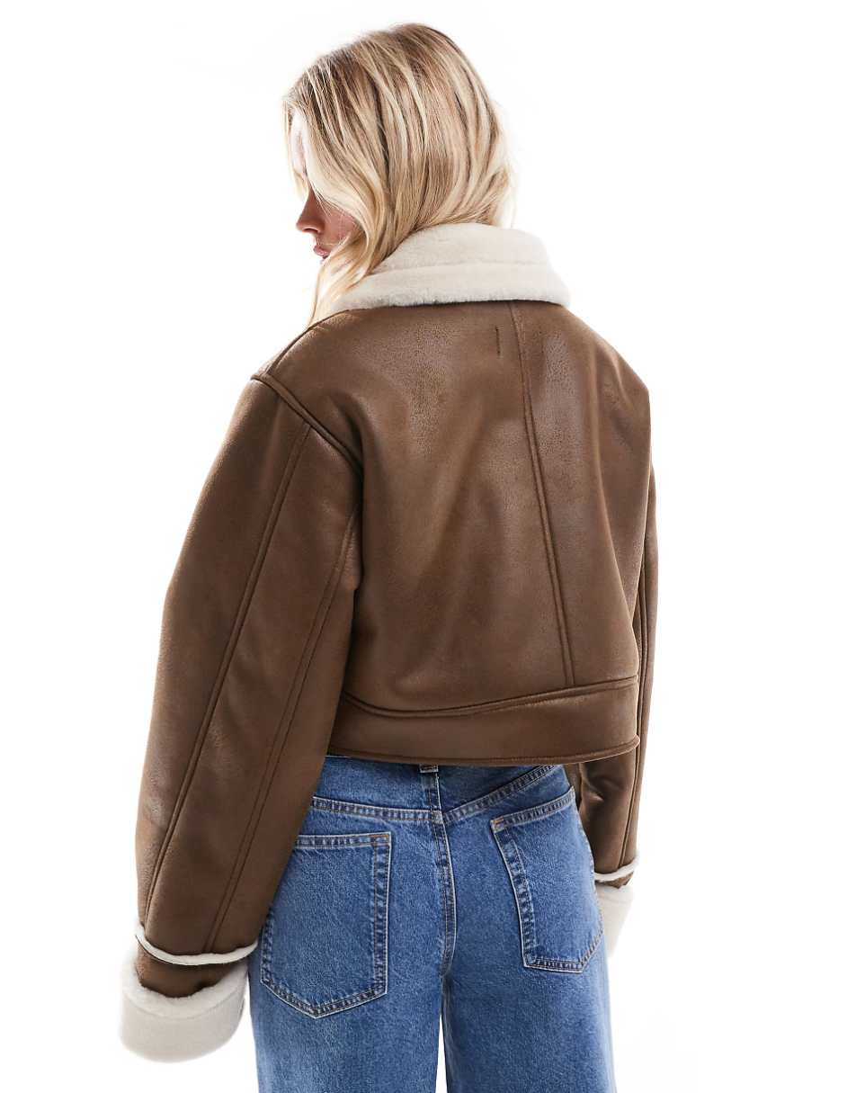 ASOS DESIGN Petite top collar shearling jacket in hazelnut