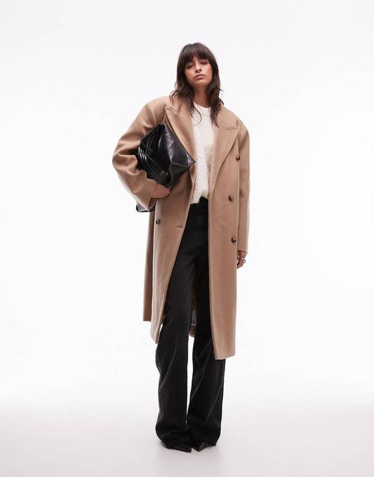 Topshop double breasted coat in camel