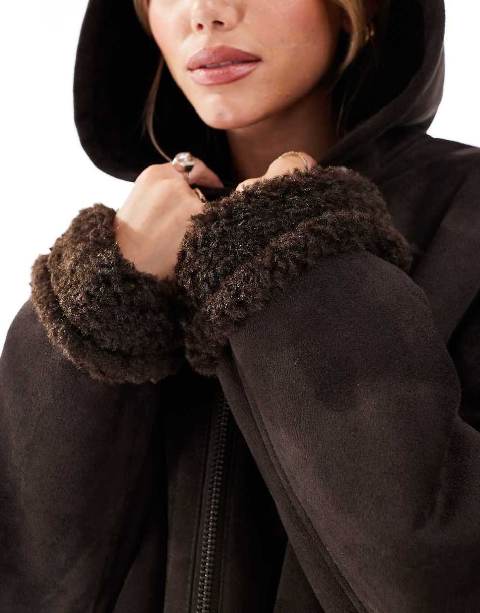 ASOS DESIGN hooded shearling jacket in brown