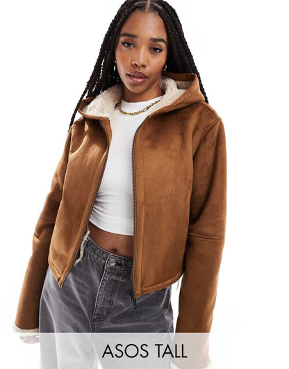 ASOS DESIGN Tall hooded shearling jacket in tan