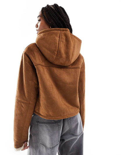 ASOS DESIGN Tall hooded shearling jacket in tan