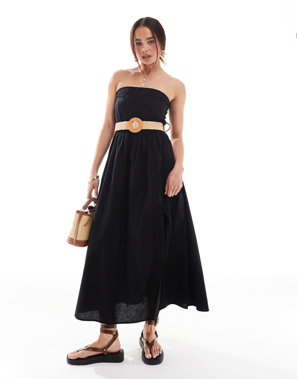 ASOS DESIGN full skirt linen mix bandeau midi dress with belt in black