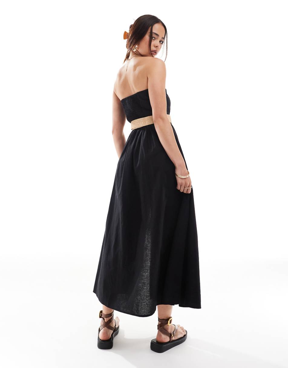 ASOS DESIGN full skirt linen mix bandeau midi dress with belt in black