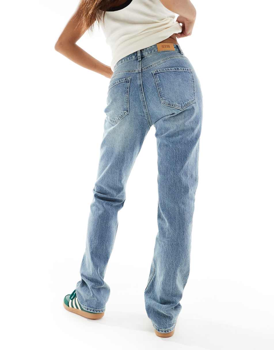 Stradivarius STR Petite straight leg jeans with stretch in mid blue