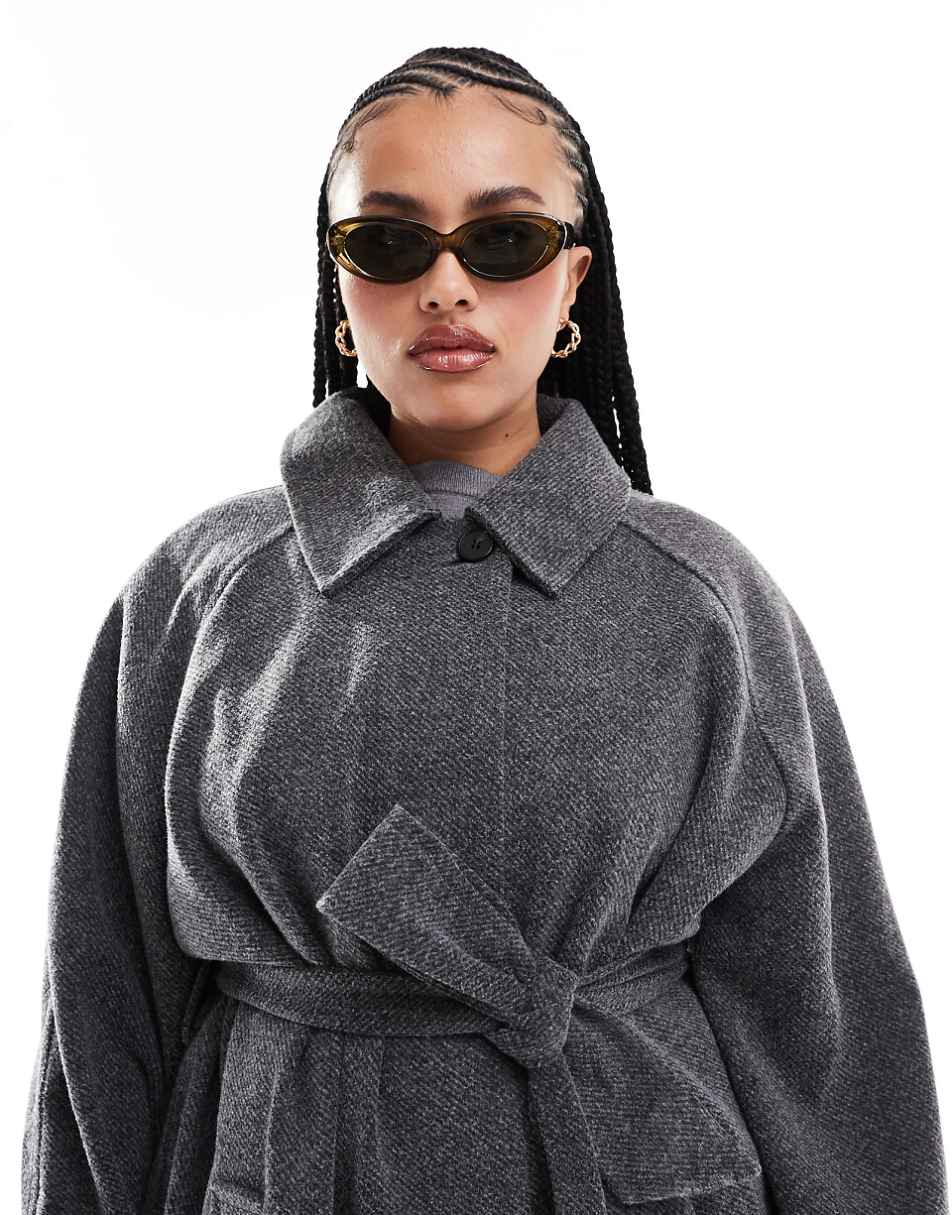 ASOS DESIGN Curve herringbone top collar longline coat in charcoal