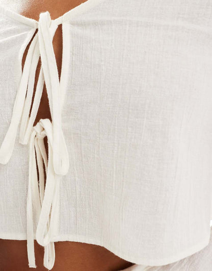 ASOS DESIGN Kayla mix and match long sleeve tie front beach top in white