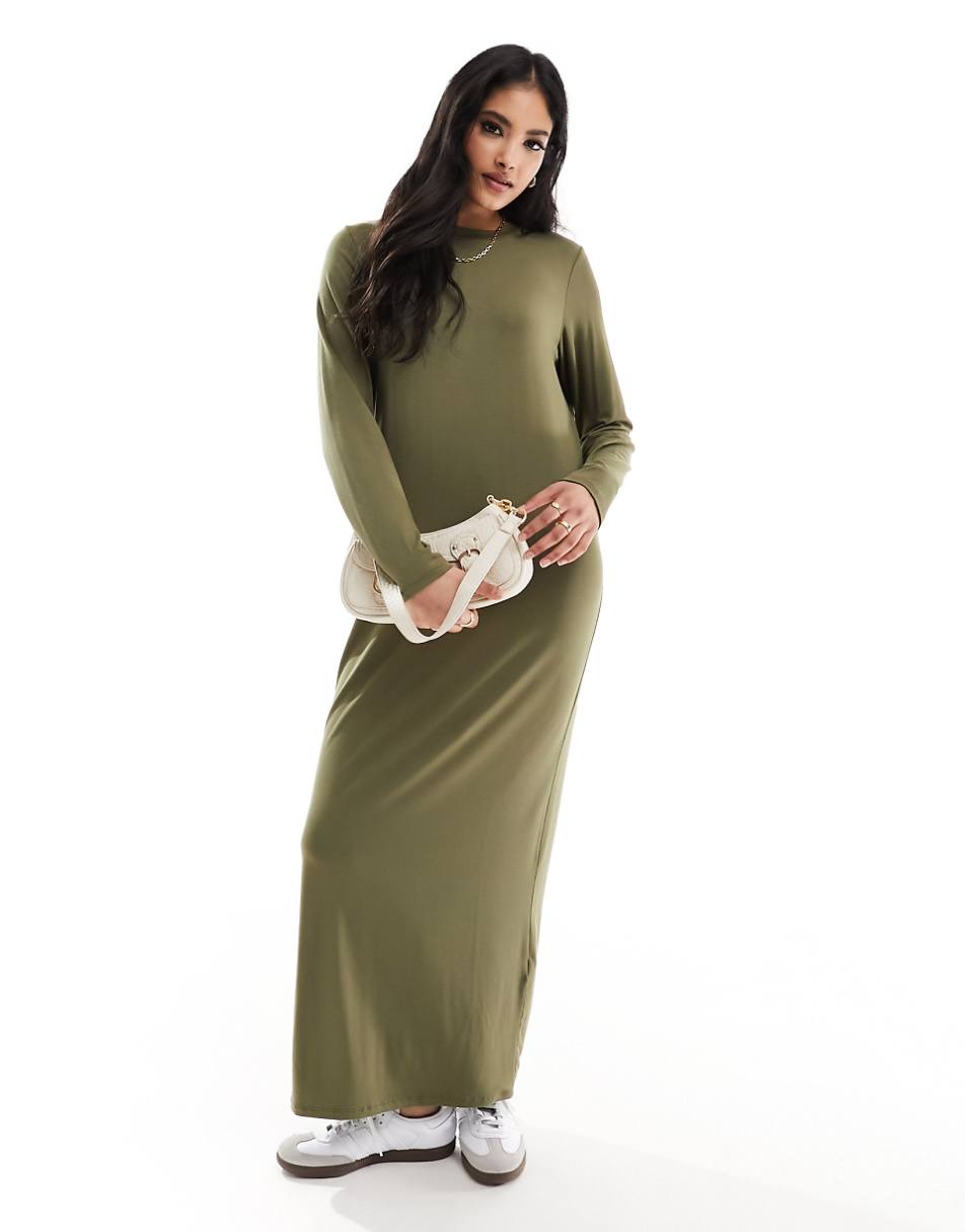 ASOS DESIGN long sleeve maxi t-shirt dress in khaki