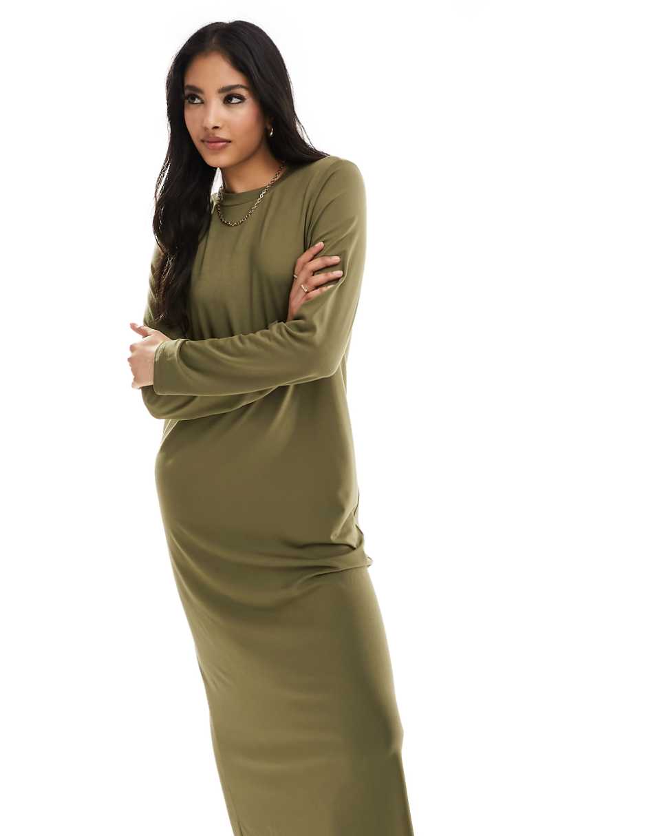 ASOS DESIGN long sleeve maxi t-shirt dress in khaki