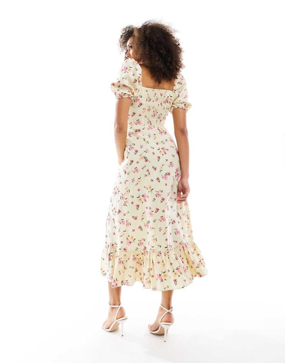 & Other Stories linen puff sleeve midaxi dress with split in floral print