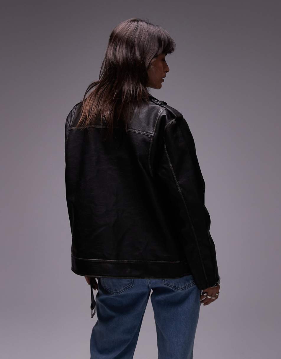 Topshop super oversized faux leather biker jacket in black