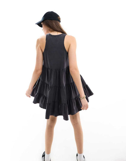 Miss Selfridge sleeveless acid wash smock mini dress in black