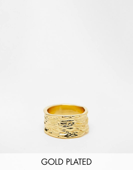 ASOS DESIGN 14k gold plate ring with hammered design in gold tone