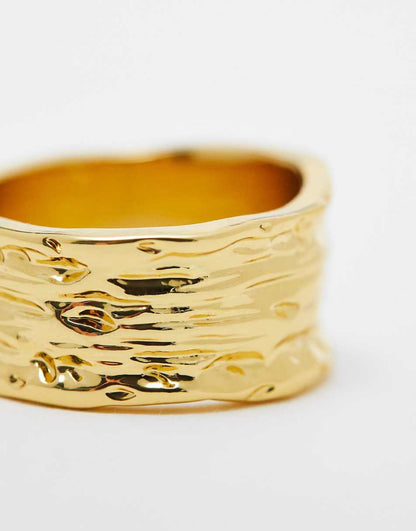 ASOS DESIGN 14k gold plate ring with hammered design in gold tone