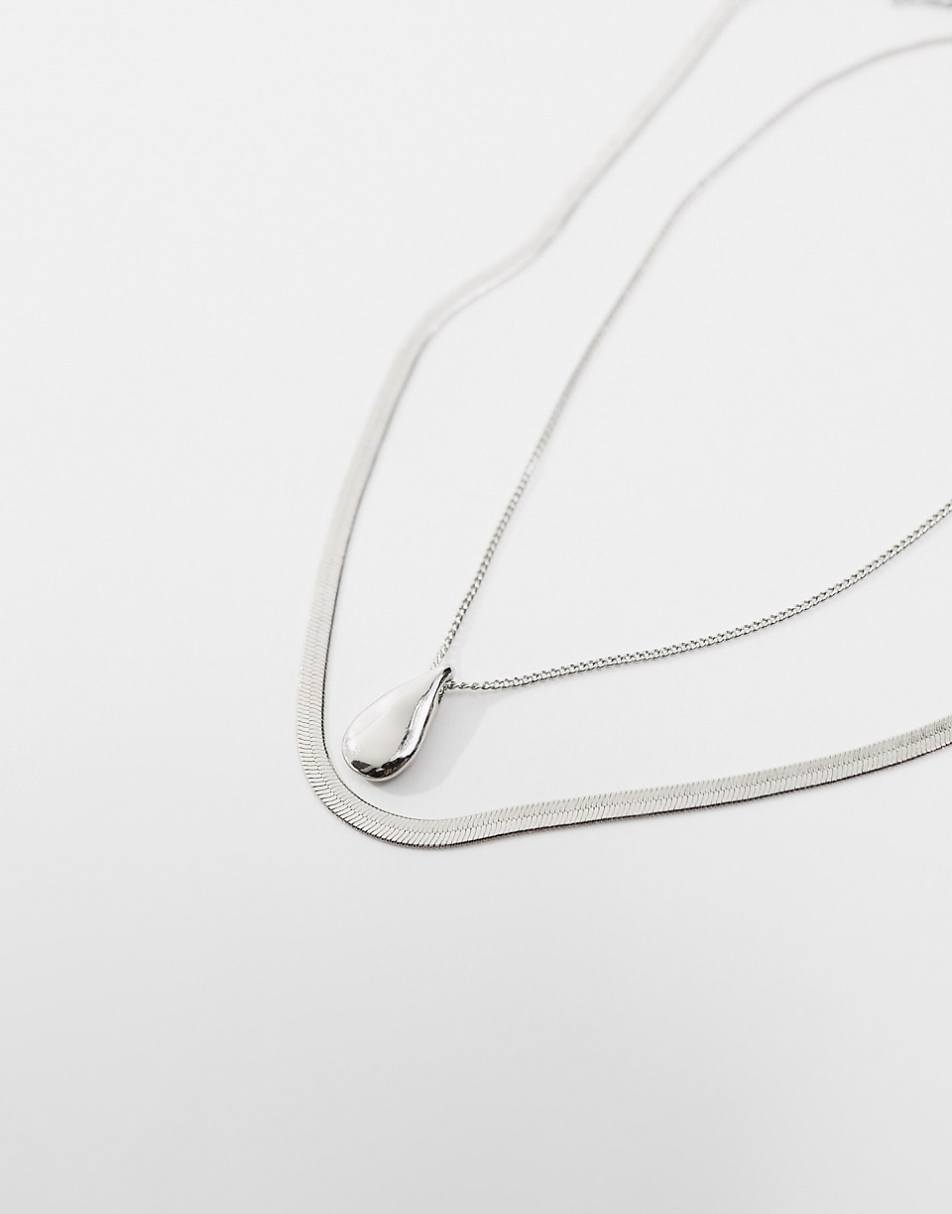 ASOS DESIGN pack of 2 necklaces with snake chain and molten pendant in silver tone