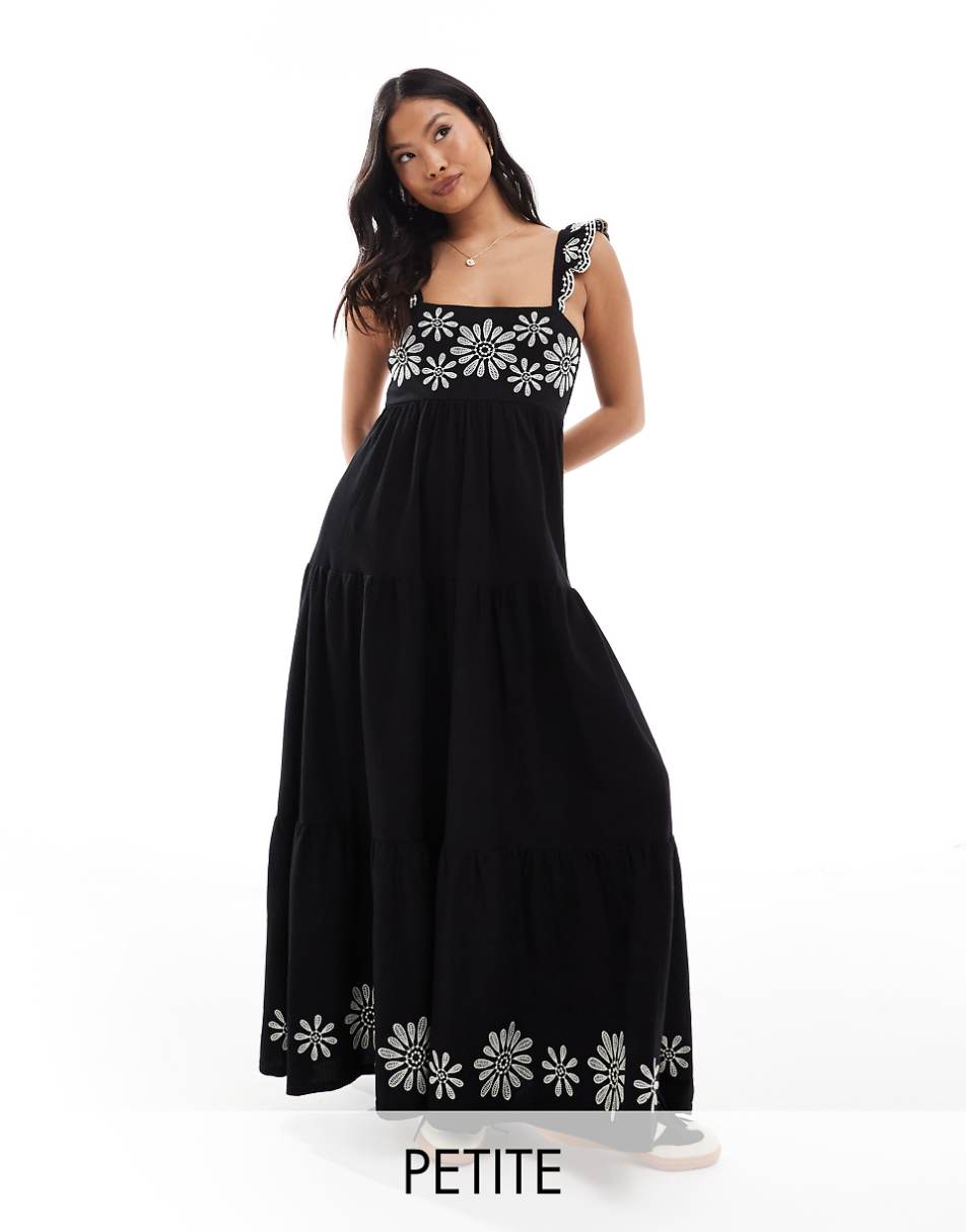 Miss Selfridge Petite tiered maxi dress with embroidery detail in black