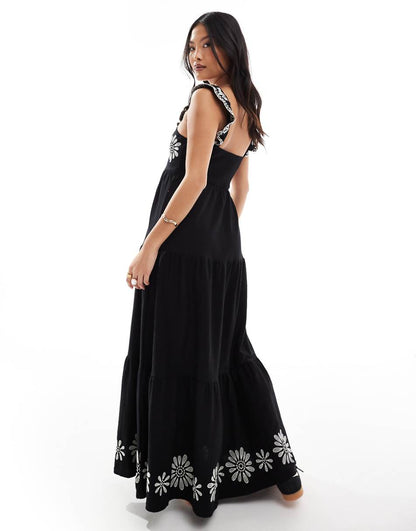 Miss Selfridge Petite tiered maxi dress with embroidery detail in black