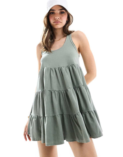 Miss Selfridge sleeveless acid wash smock mini dress in sage