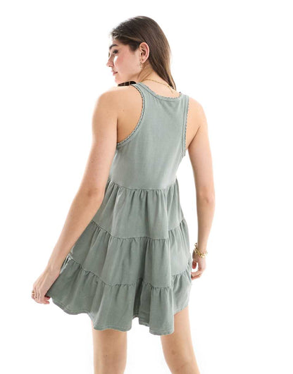 Miss Selfridge sleeveless acid wash smock mini dress in sage