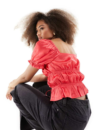 ASOS DESIGN puff sleeve satin top in red