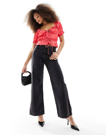 ASOS DESIGN puff sleeve satin top in red