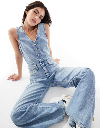 Levi's vest wide leg denim jumpsuit in mid blue