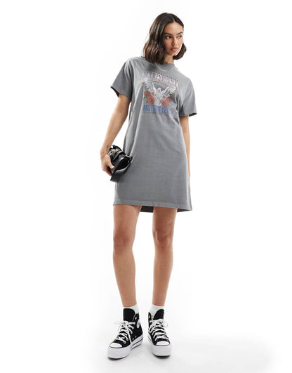 Miss Selfridge lace-up back graphic T-shirt mini dress in gray