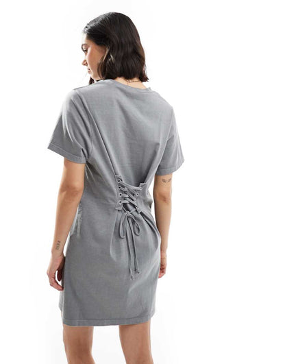 Miss Selfridge lace-up back graphic T-shirt mini dress in gray
