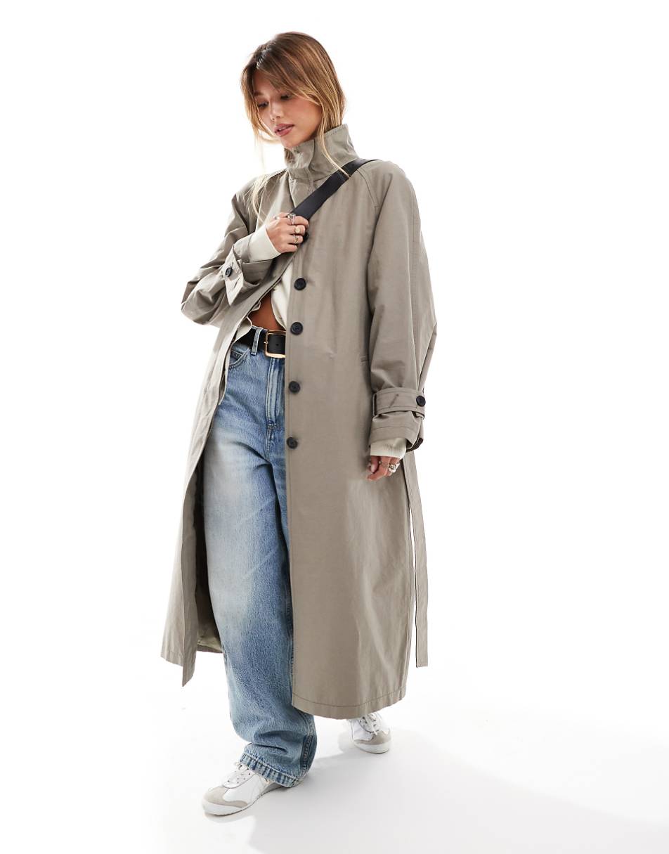 ASOS DESIGN funnel neck oversized longline trench coat in mushroom