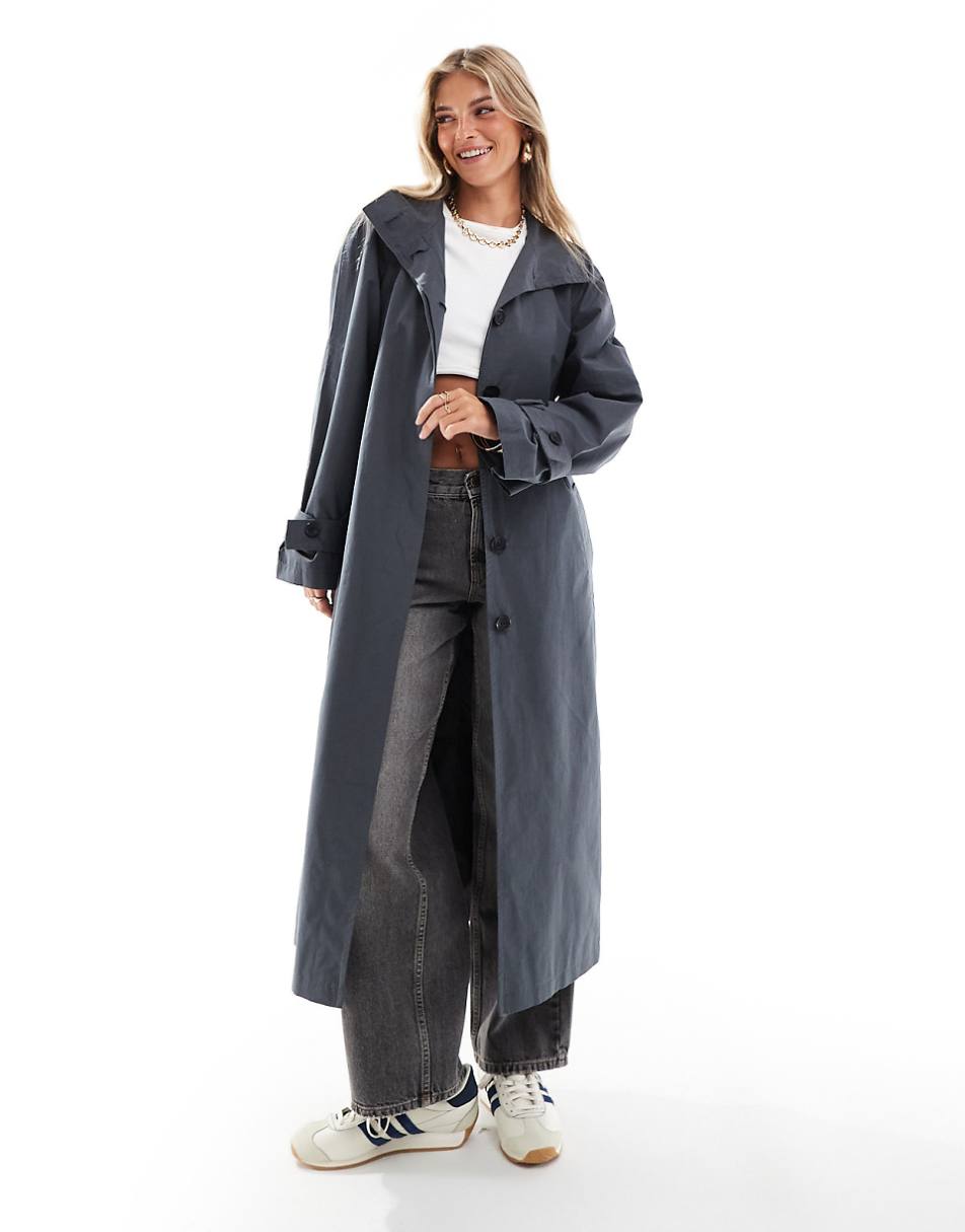 ASOS DESIGN funnel neck oversized longline trench coat in navy