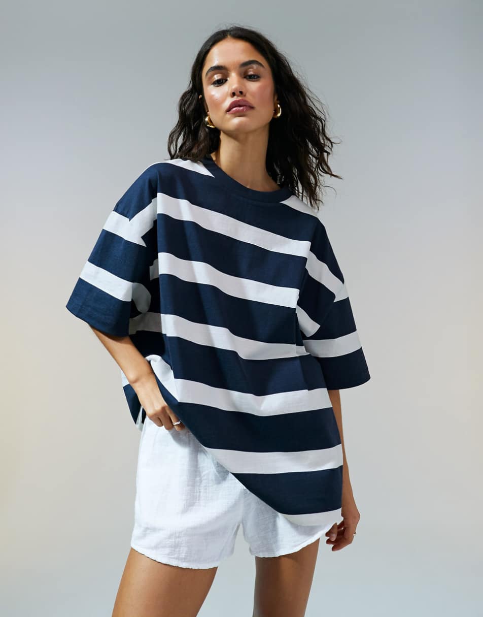 ASOS DESIGN slubby oversized navy stripe tee