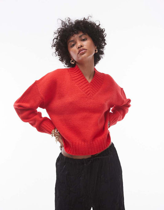 Topshop knit high V-neck clean sweater in red